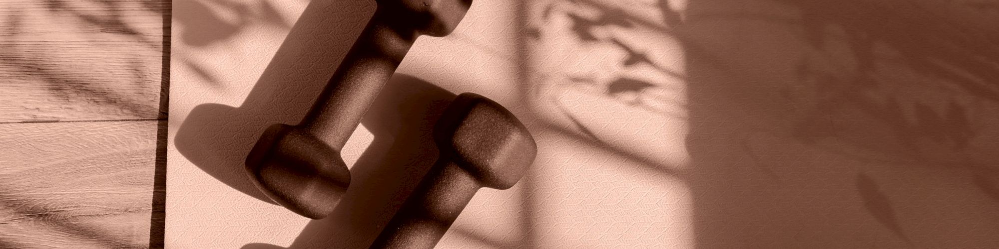 Two dumbbells on a fitness mat with shadows cast by foliage, creating a peaceful exercise atmosphere.